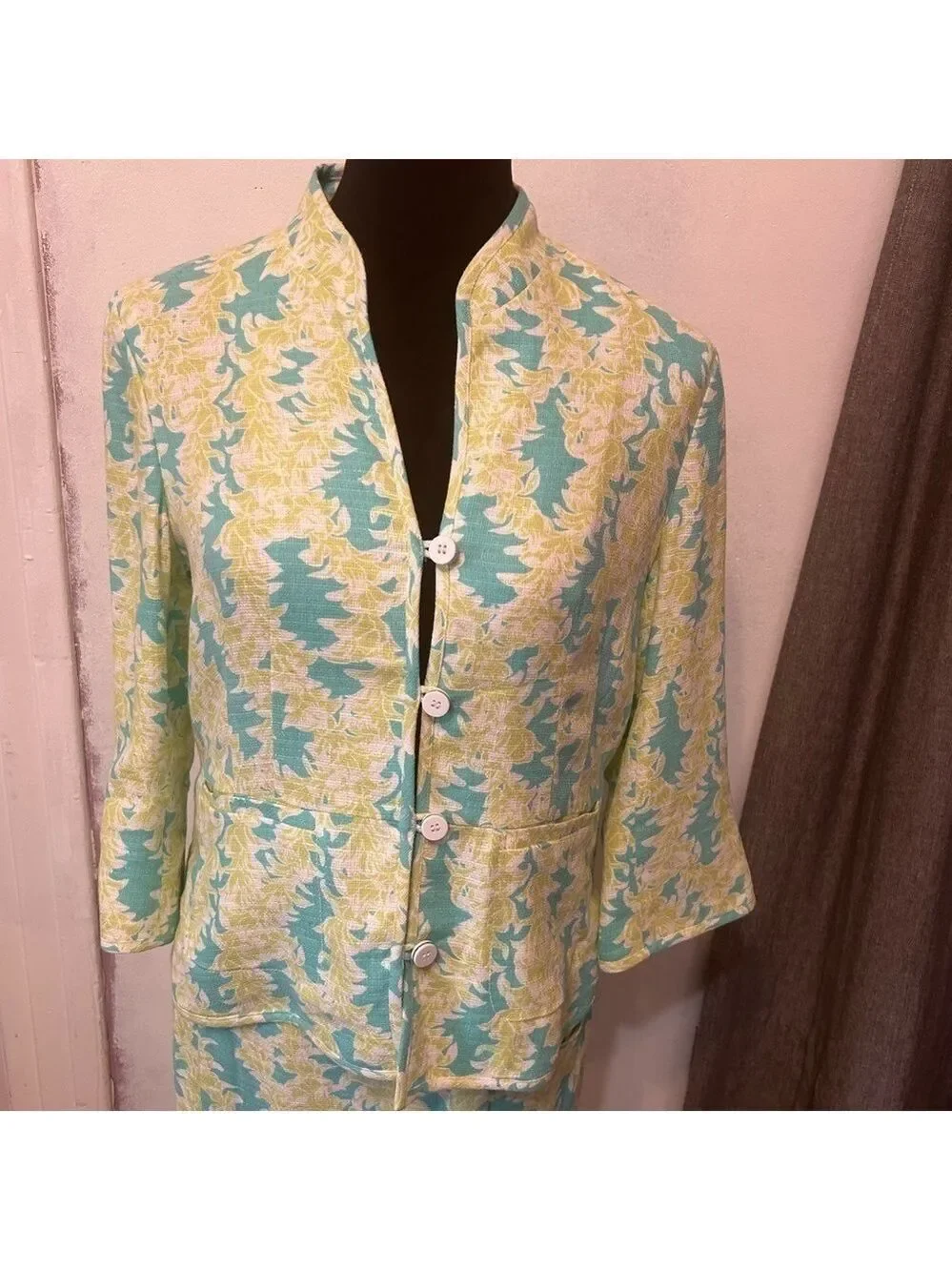 Vintage Pendleton Women’s Suit Skirt Floral Small Green Blue Linen Rayon Career